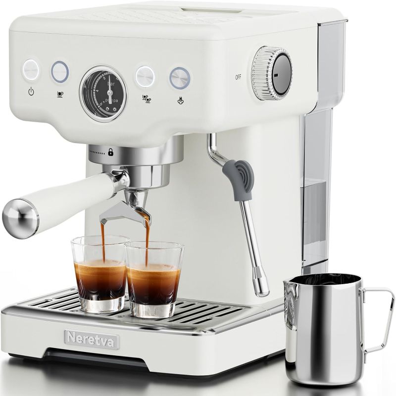 Photo 1 of Neretva Espresso Machine 15Bar, [2 in 1] Professional Coffee and Espresso Maker Combo 1450W Stainless Steel Espresso Coffee Machine for Home Barista Espresso Latte Macchiato and Cappuccino Maker-White