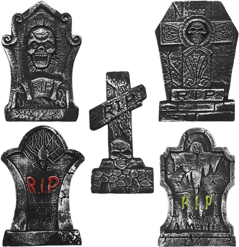 Photo 1 of 17" Halloween Foam RIP Graveyard Tombstones, 5Pcs Yard Sign Headstone Decorations with 10Pcs Metal Stakes for Halloween Haunted House Yard Lawn Decorations