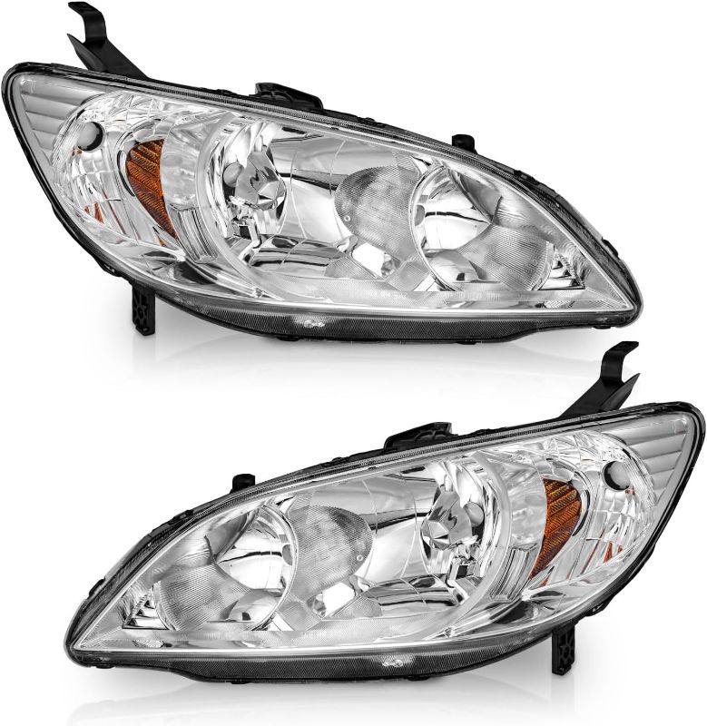 Photo 1 of for 2004-2005 Honda Civic 2/4Door Headlights Assembly Replacement Pair Headlamp Replacement Chrome Housing Amber Reflector Left+Right Side