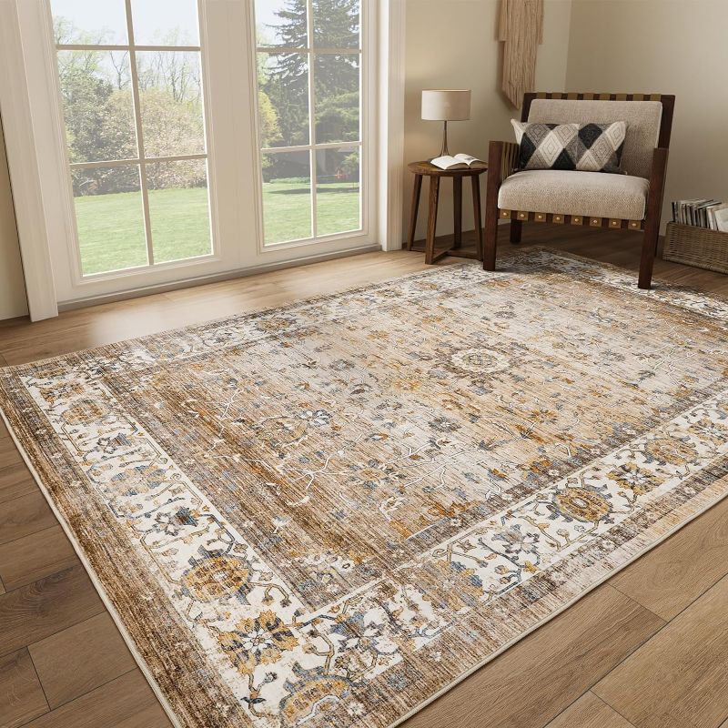 Photo 1 of Washable Rug 8x10 Area Rugs for Living Room - Stain Resistant Non-Slip Backing Rugs for Bedroom,Ultra-Thin Vintage Large Area Rug (Apricot/Blue, 8'x10')