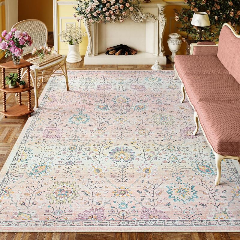 Photo 1 of Lahome Pink Boho Area Rug, 8x10 Pink Rugs for Bedroom Girls Large Living Room Area Rugs Soft Floral Playroom Rug, Washable Rugs 8x10 Non Slip Pastel Rug for Bedroom Living Room Pink Carpet