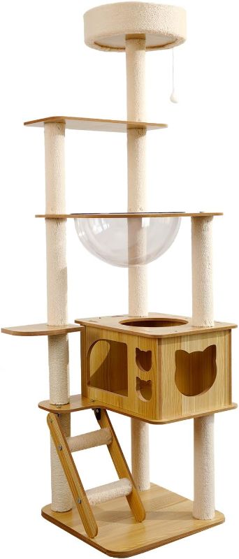 Photo 1 of Yueyuesmart Modern Cat Tree with Acrylic Dome, 57.4" Wooden Cat Tree No Carpet, Multi-Level Wood Cat Tower with Large Cat Condo, Round Top Perch, Scratching Post