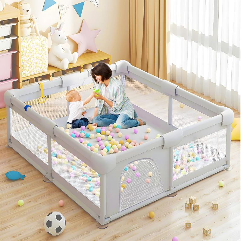 Photo 1 of 79" × 71" Large Baby Playpen, Baby Playard for Babies and Toddlers, Baby Fence Play Pens for Indoor & Outdoor, Sturdy Safety Play Yard with Soft Breathable Mesh, Anti-Fall, Grey