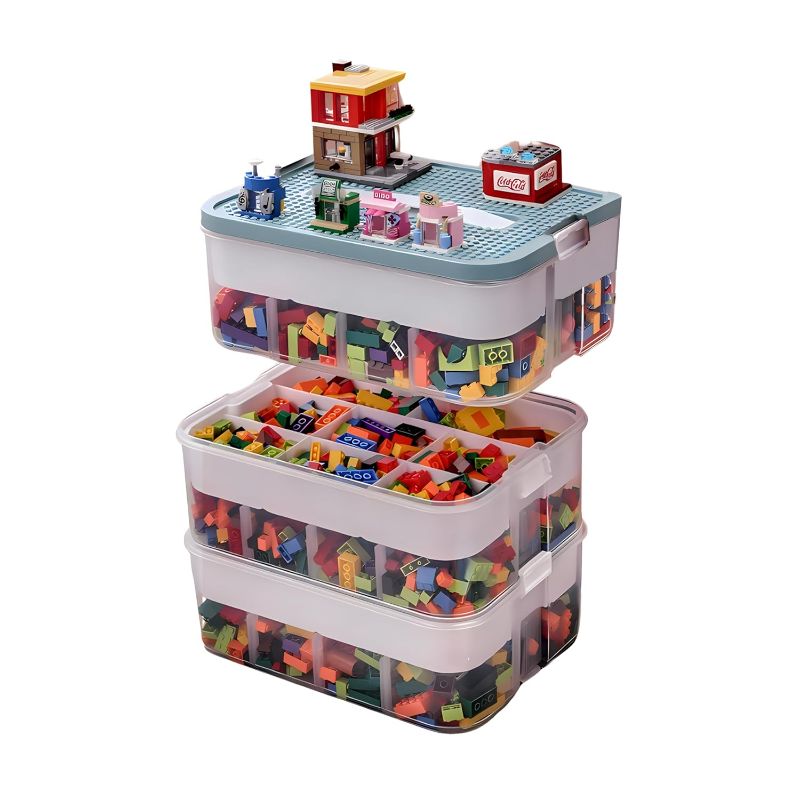 Photo 1 of 3-Tier Stackable Toy Storage Box with Lid Dividers, Kid Toy Blocks Organizer Container Removable Tray, Plastic Toy Chest Organizer for Baby Nursery Playroom - Toy Blocks Not Included