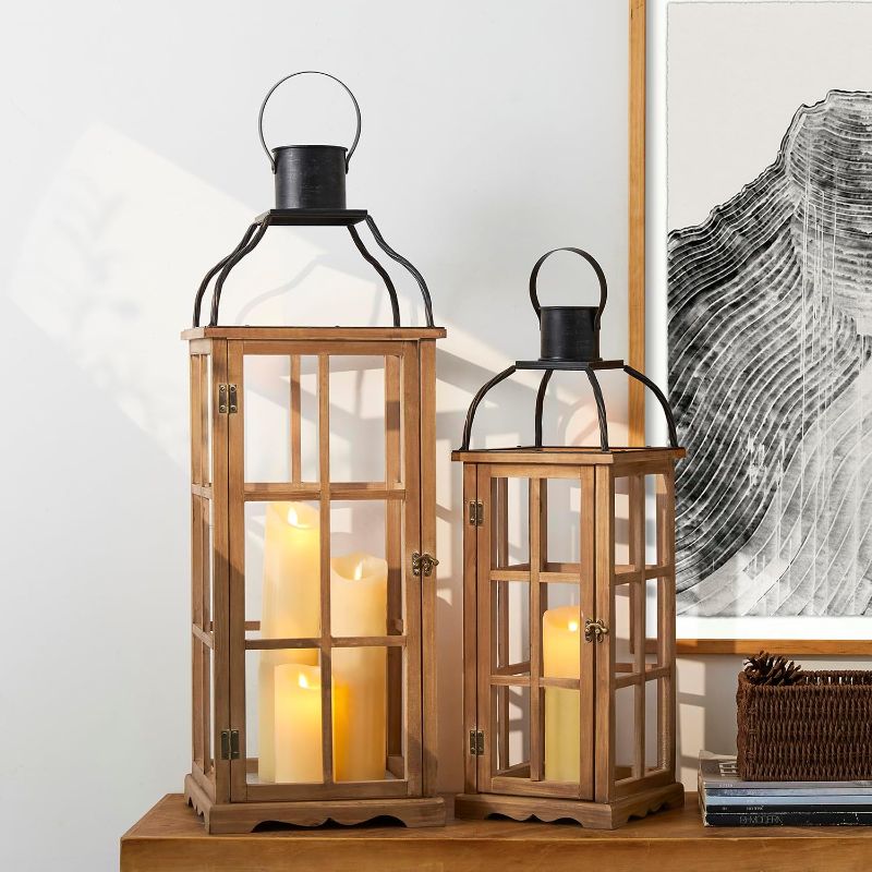 Photo 1 of Glitzhome Set of 2 Oversized Farmhouse Wood Lanterns with Metal Top Decorative Hanging Candle Lanterns for Home Décor, Natural (No Glass)