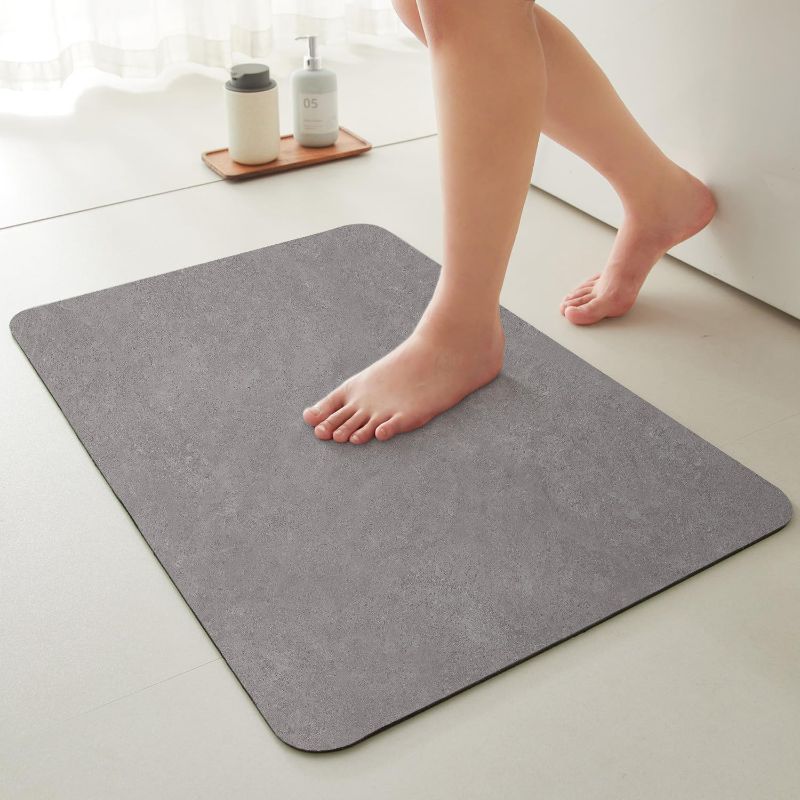 Photo 1 of Quick Dry Bath Mat, Bathroom Rugs Non Slip Washable Thin Absorbent Bath Mat Fits Under Door Bathroom Floor Mat Perfect for Bath, Shower, or Sink 20"x30" Light Grey