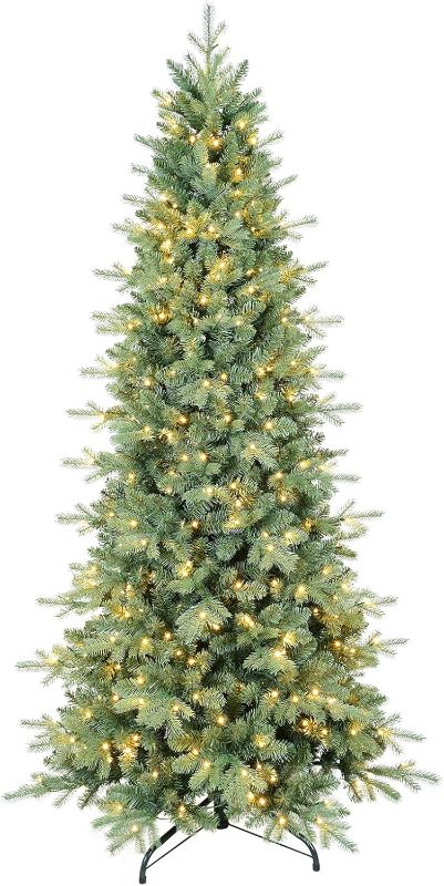 Photo 1 of 7 FT Prelit Artificial Skinny Christmas Tree,Blue Spruce Slim Pencil Xmas Tree with 1552 PE&PVC Mixed Branch Tips and 400 UL Listed Clear Lights,Hinged Pine Tree with Metal Stand for Home Office Décor