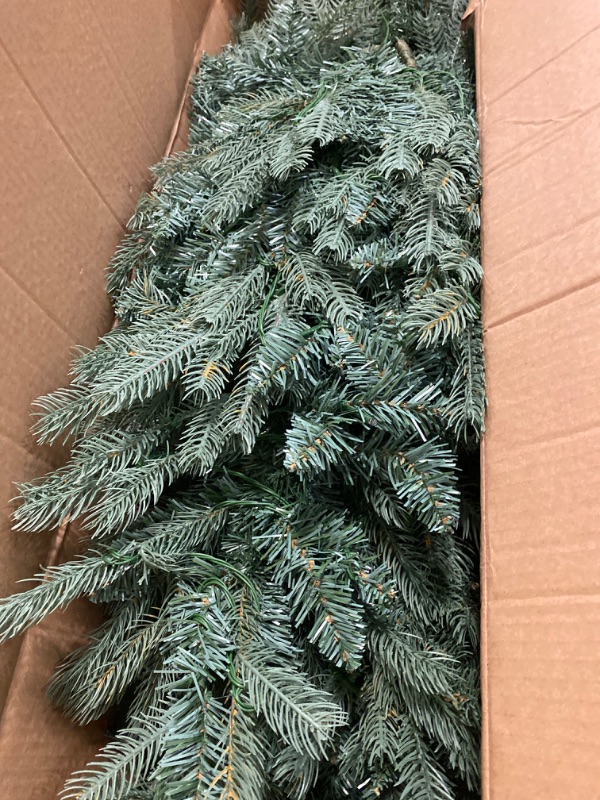 Photo 2 of 7 FT Prelit Artificial Skinny Christmas Tree,Blue Spruce Slim Pencil Xmas Tree with 1552 PE&PVC Mixed Branch Tips and 400 UL Listed Clear Lights,Hinged Pine Tree with Metal Stand for Home Office Décor