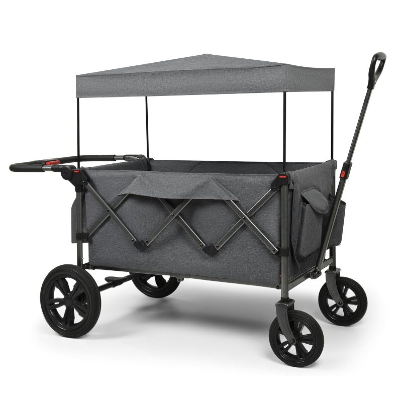 Photo 1 of Wagon Stroller, Foldable Wagons for Two Kids & Cargo, Collapsible Folding Stroller with Adjustable Handle Bar,Removable Canopy with 5-Point Harness Gray (Dark Grey)