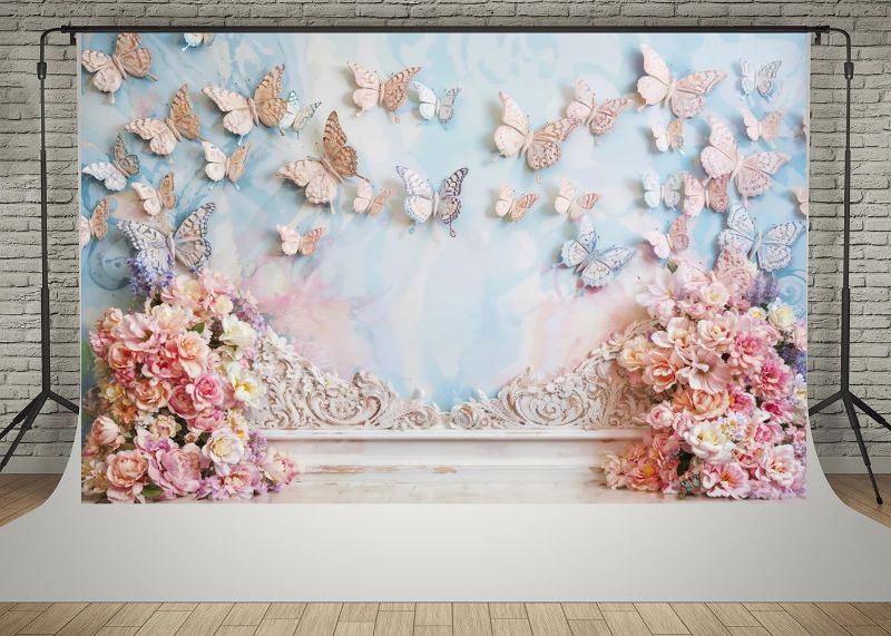 Photo 1 of Kate 7x5ft Children Birthday Party Photo Background Dreamworld Butterfly Wall Pink Flowers Decoration Baby Shower Photography Backdrops