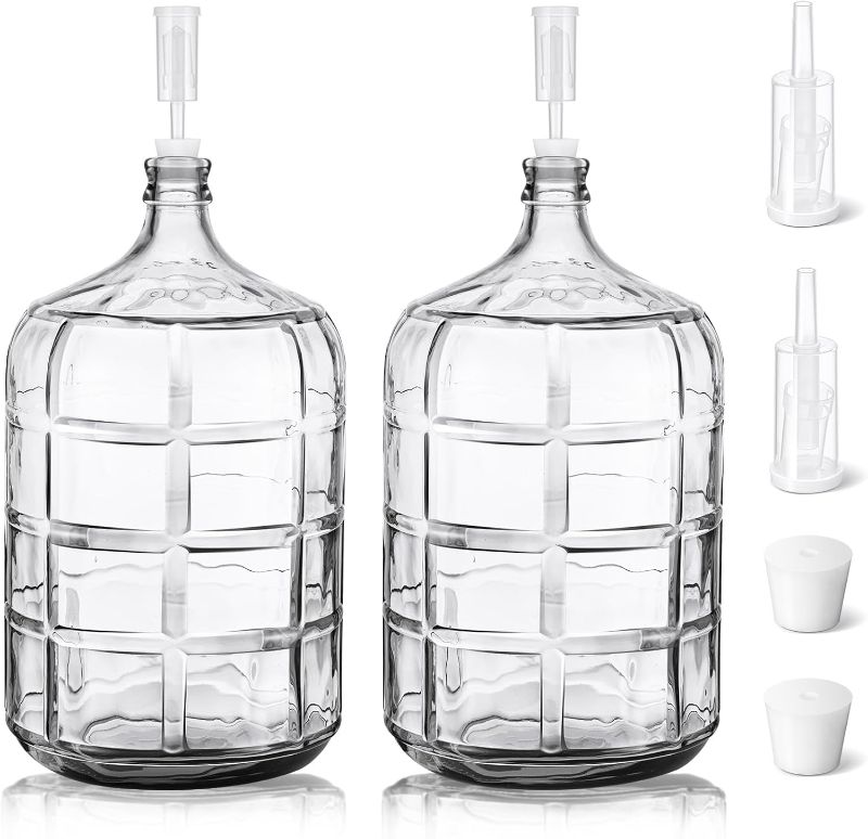 Photo 1 of Suzile 2 Pieces Glass Carboy with Drilled Silicone Stoppers and Airlock Fermenting Carboy Clear Beer Carboy Glass Wine Fermenter for Beer Wine Making Equipment(5 Gallon)