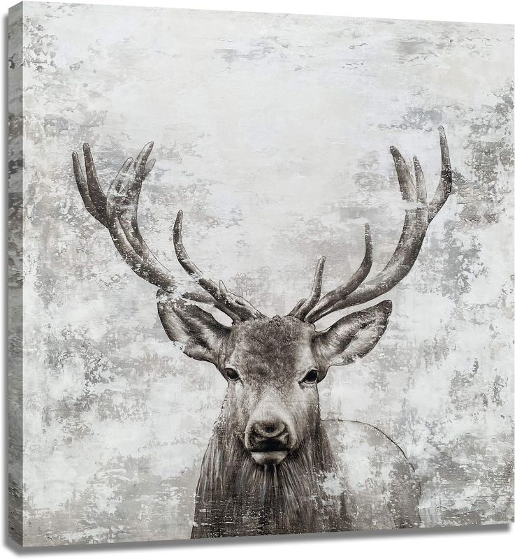 Photo 1 of BATRENDY ARTS Red Deer Canvas Wall Art Rustic Elk with Big Antlers Hand Painted Animal Head Picture Grey and White Hunting Artwork Painting for Living Room Home Office Decorations