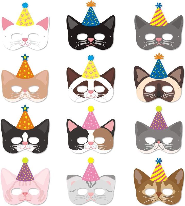 Photo 1 of 12 Pieces Cat Birthday Masks Cat Birthday Party Favors Decorations Kitty Birthday Party Supplies for Kids