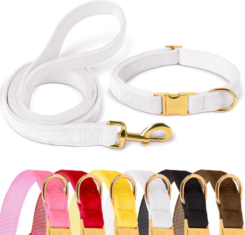 Photo 1 of GAMUDA Velvet Dog Collar and Leash, Super Soft and Smooth, Heavy Duty Gold Buckle, Comfortable and Easy to Clean, Adjustable Collar for Dog (S, White)