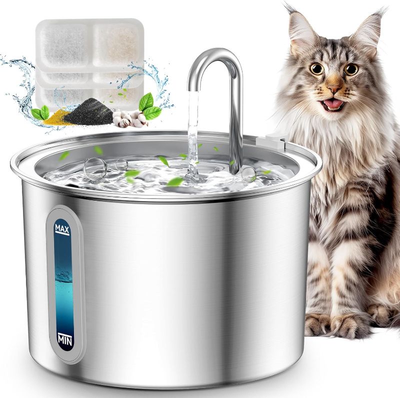 Photo 1 of oneisall Stainless Steel Cat Water Fountain, 2L Water Fountains for Cats Indoor Dishwasher Safe with Quiet Pump and 3 Replacement Filters, Automatic Pet Water Fountain Faucet Spout Design