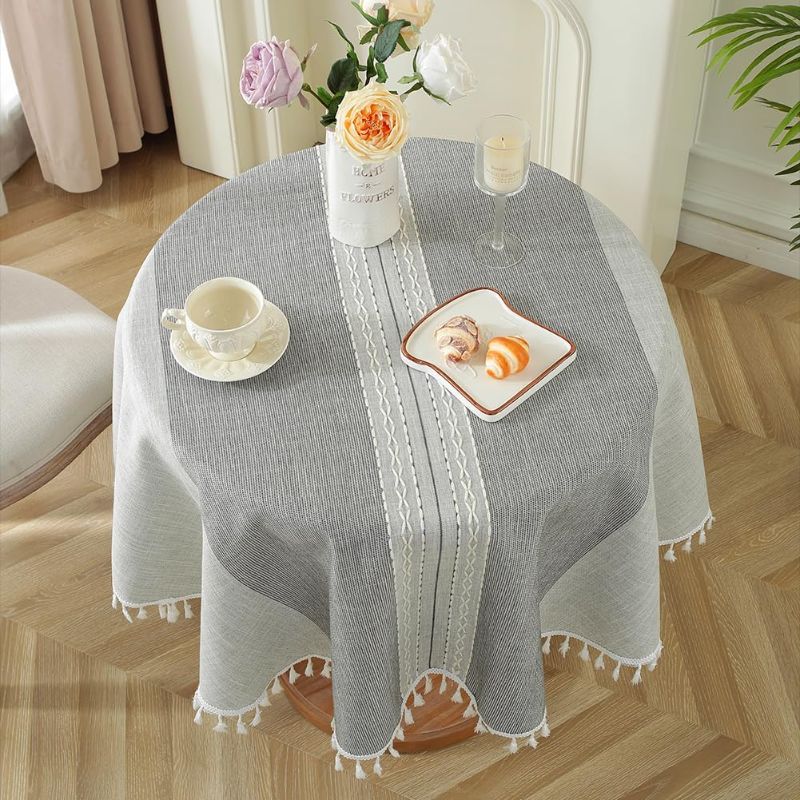 Photo 1 of meioro Tablecloths for Round Tables, Cotton Linen Table Cloth Tablecloth Wrinkle Free Farmhouse Dining Table Cover, Soft Fabric Table Cloths with Tassels (Rould 55 Inch, 2-4 Seats, Grey)