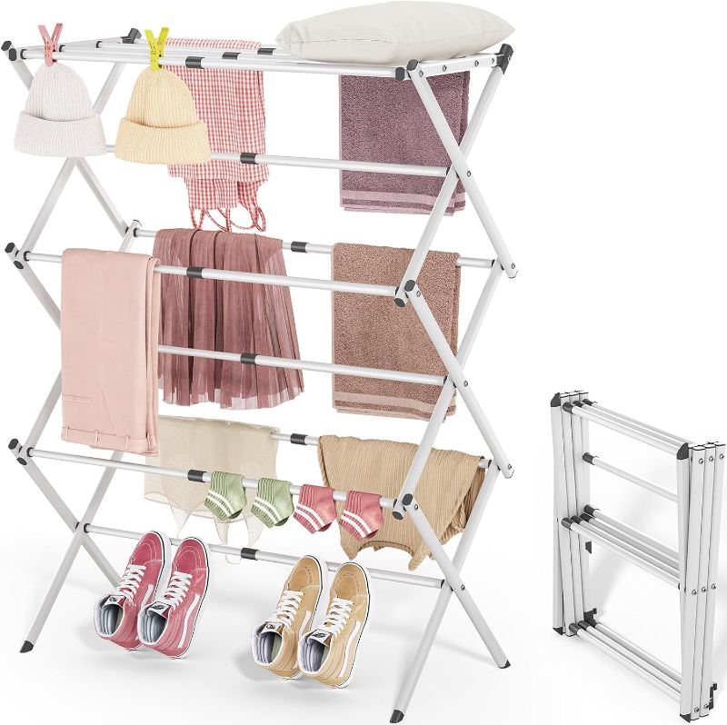 Photo 1 of APEXCHASER Clothes Drying Rack, 3-Tier Laundry Drying Rack for Clothes, Expandable Metal Clothing Dryer, Collapsible Towel Rack, Air Drying Rack, White