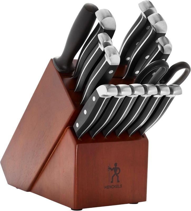 Photo 1 of HENCKELS Premium Quality 15-Piece Knife Set with Block, Razor-Sharp, German Engineered Knife Informed by over 100 Years of Masterful Knife Making, Lightweight and Strong, Dark Brown