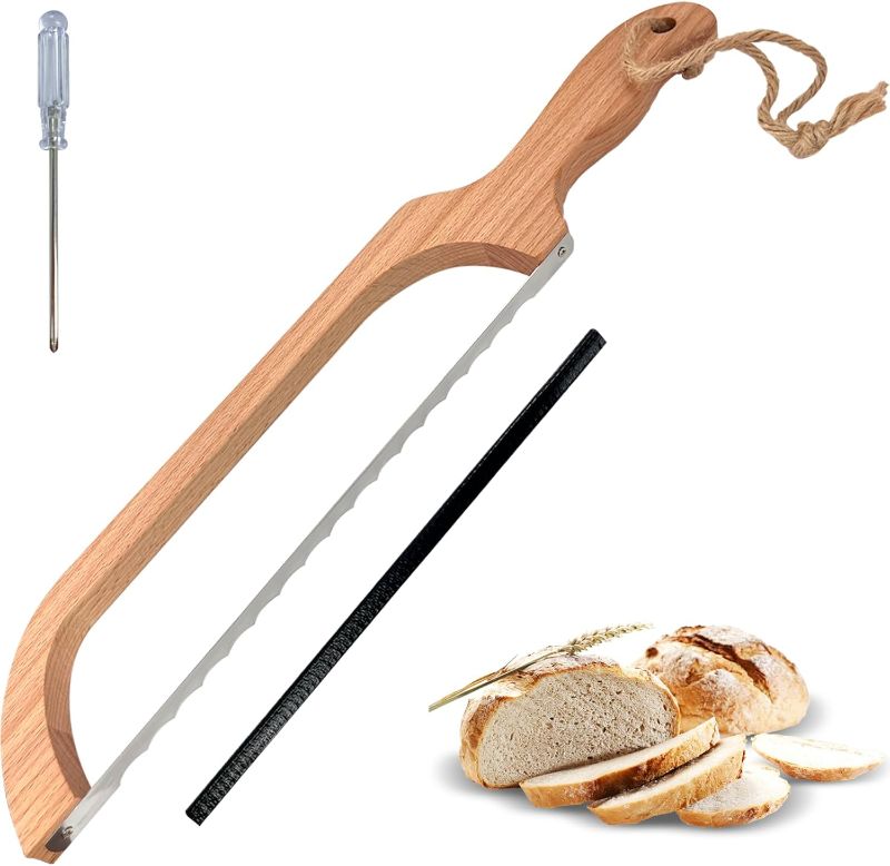 Photo 1 of Bread Slicer for Homemade Bread,16" Wooden Sourdough Bread knife with Bow Design,Premium Stainless Steel Serrated Saw Bread cutter for Bagels, Baguettes and More