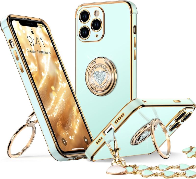 Photo 1 of XYZ for iPhone 11 Pro Max Case with Stand, Phone Case with Double Ring Kickstand, Women Girl Cute Love-Heart Luxury Bling Protective Case Heart for iPhone 11 Pro Max, Green