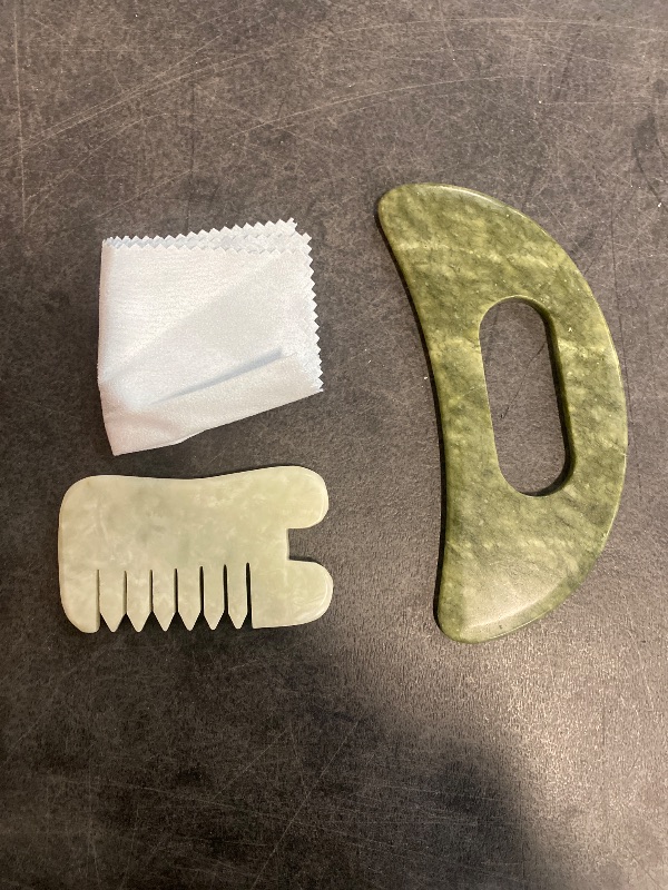 Photo 2 of Jade Stone Gua Sha Massage Tool Set Larger Guasha Board with Handle, Muscle Scraping Massage Tools, Guasha Scraping Scalp Comb, Acupuncture Tools for Back Neck, Head, Relaxation Lymphatic Drainage