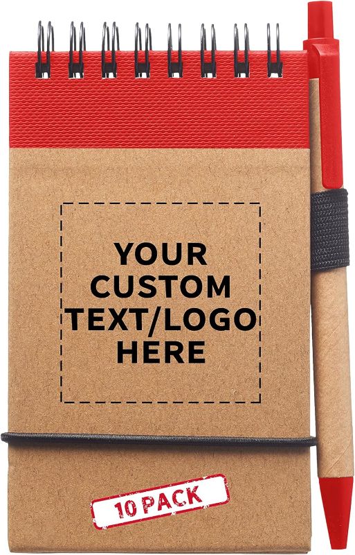 Photo 1 of DISCOUNT PROMOS 10 ECO Jotters with Pen Set - Customizable Text, Logo - Recycled Paper, 3 x 5 inches, Minimalist, Handy - Red