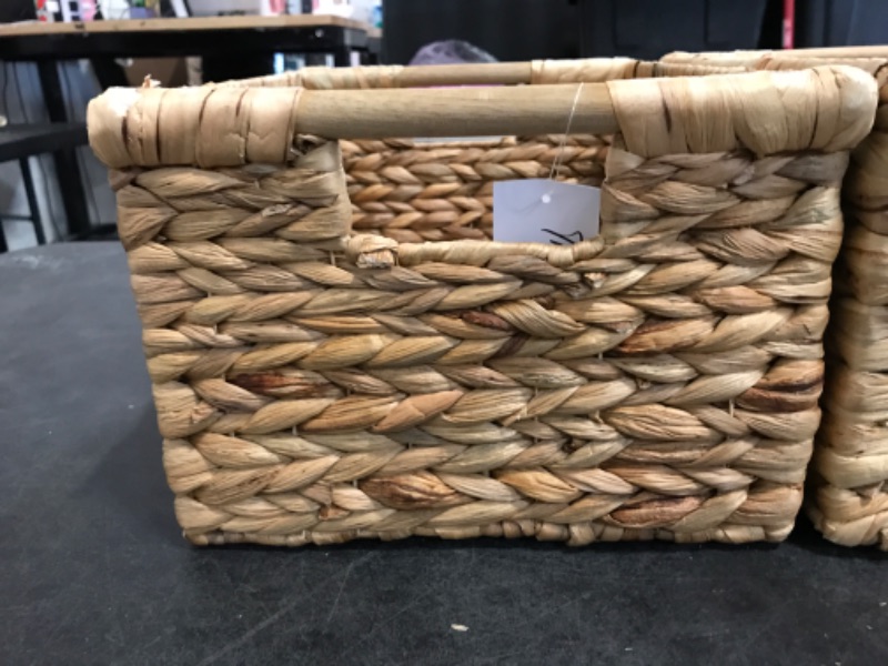 Photo 6 of Large Wicker Basket Rectangular with Wooden Handles for Shelves, Water Hyacinth Basket Storage, Natural Baskets for Organizing, Wicker Baskets for Storage 14.5 x 10.3 x 7.5 inches - 3 Pack