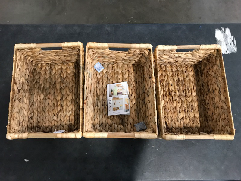 Photo 5 of Large Wicker Basket Rectangular with Wooden Handles for Shelves, Water Hyacinth Basket Storage, Natural Baskets for Organizing, Wicker Baskets for Storage 14.5 x 10.3 x 7.5 inches - 3 Pack