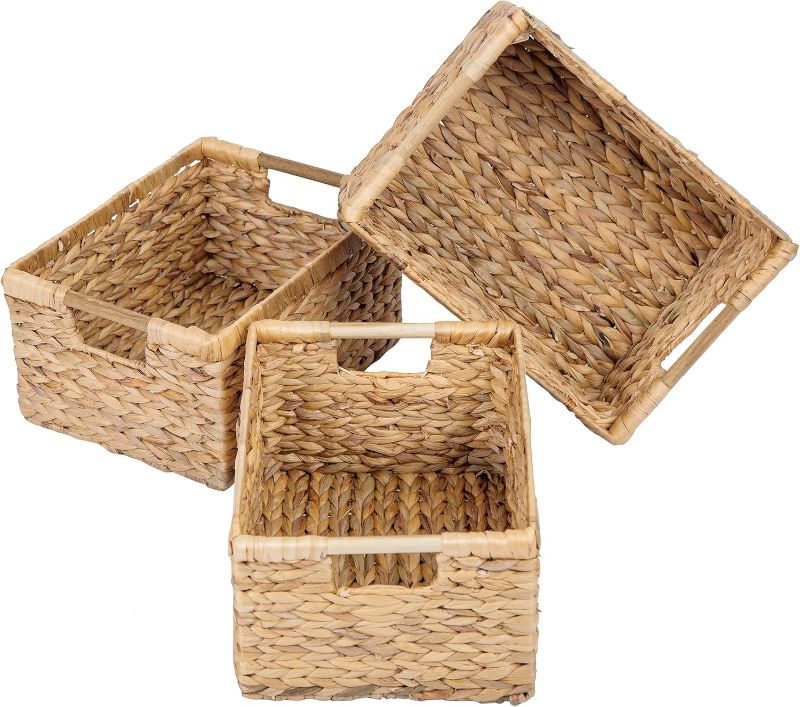 Photo 1 of Large Wicker Basket Rectangular with Wooden Handles for Shelves, Water Hyacinth Basket Storage, Natural Baskets for Organizing, Wicker Baskets for Storage 14.5 x 10.3 x 7.5 inches - 3 Pack