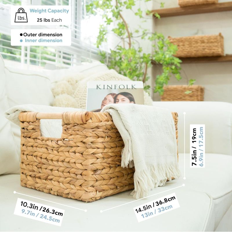 Photo 3 of Large Wicker Basket Rectangular with Wooden Handles for Shelves, Water Hyacinth Basket Storage, Natural Baskets for Organizing, Wicker Baskets for Storage 14.5 x 10.3 x 7.5 inches - 3 Pack