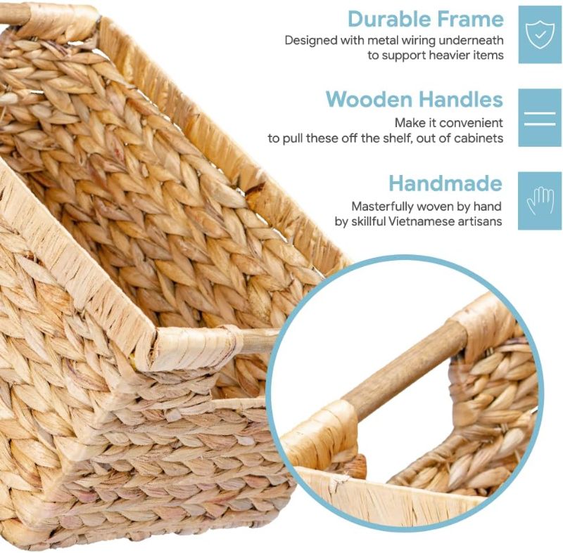 Photo 2 of Large Wicker Basket Rectangular with Wooden Handles for Shelves, Water Hyacinth Basket Storage, Natural Baskets for Organizing, Wicker Baskets for Storage 14.5 x 10.3 x 7.5 inches - 3 Pack