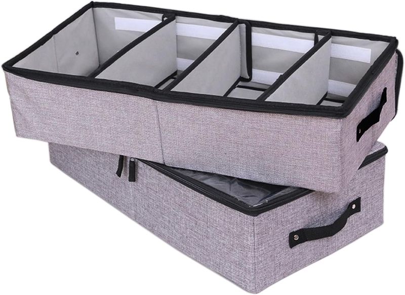 Photo 1 of AARAINBOW Foldable Under Bed Clothes Organizer with Lid, Fabric Underbed Storage Container with Adjustable Dividers, Long UnderBed Storage Bins with Handles, Clear Shoes Storage Under Bed (2 Gray)