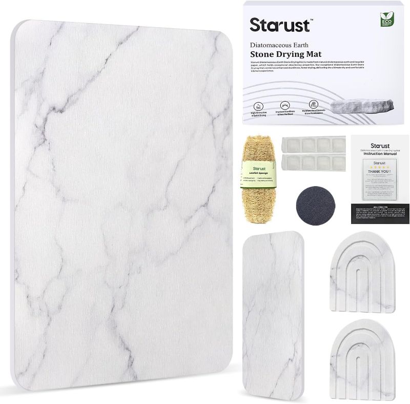 Photo 1 of 4 PCS Large Stone Drying Mat for Kitchen Counter, Water-Absorbent Diatomaceous Stone Dish Drying Mat Set Include Soap Mat &Coaster, Quick Drying Stone Mat with Non-slip Silicone Feet, White Marble