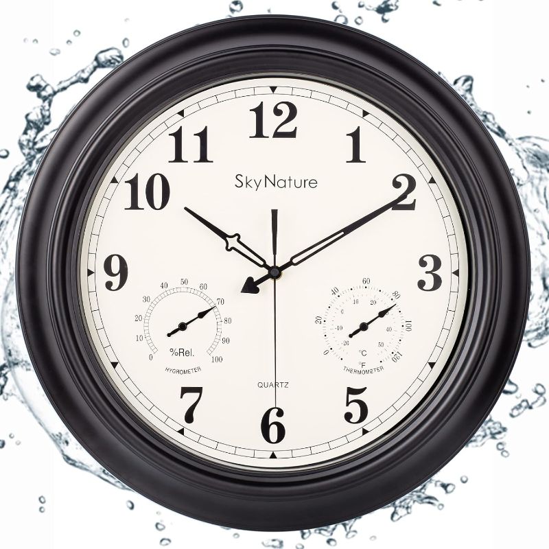 Photo 1 of Large Outdoor Clock, Waterproof Patio Outdoor Clock with Thermometer and Hygrometer Combo, 18 Inch Outdoor Clocks for Porch, Fence, Balcony - Metal Matte Black