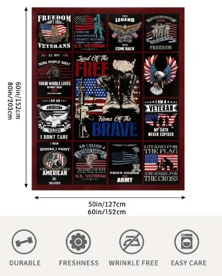 Photo 2 of 1 Pc Veterans Day Gifts Blanket Throw, American Blanket, Veteran Gifts for Men, Proud Patriotic Veterans Gifts Sofa Couch Beds American Patriotic Decor Christmas 80" x 60"