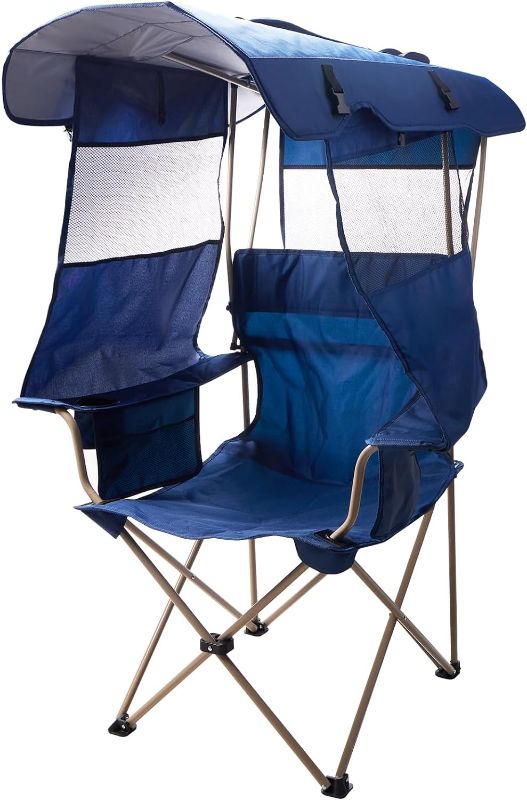 Photo 1 of Camping Chair with Canopy Shade - Beach Chair with UPF 50+ Sunshade, Cup Holder, Side Pocket, Portable Folding Soccer Chair for Adults Fishing Camp Lawn Outdoor Sports, Support 330 LBS, Blue