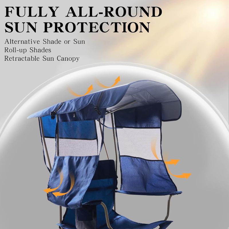 Photo 2 of Camping Chair with Canopy Shade - Beach Chair with UPF 50+ Sunshade, Cup Holder, Side Pocket, Portable Folding Soccer Chair for Adults Fishing Camp Lawn Outdoor Sports, Support 330 LBS, Blue