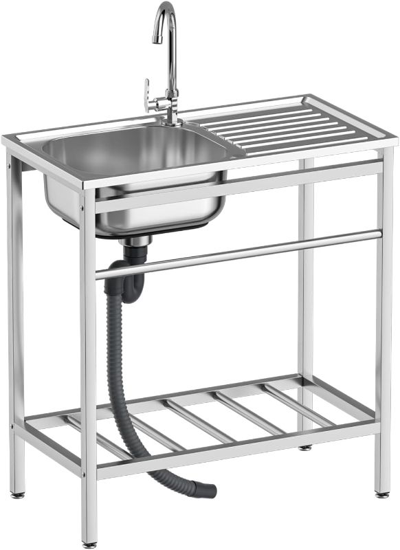 Photo 1 of Free-Standing Stainless-Steel Sink, Single Bowl Washing Hand Basin Station Sink, Portable Utility Sink with Faucet & Shelves for Camping Garage Kitchen Backyard Handwashing