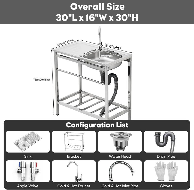 Photo 2 of Free-Standing Stainless-Steel Sink, Single Bowl Washing Hand Basin Station Sink, Portable Utility Sink with Faucet & Shelves for Camping Garage Kitchen Backyard Handwashing