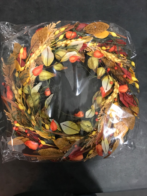 Photo 3 of Artificial Fall Wreath Autumn Door Wreath with Cape Gooseberry Eucalyptus Leaf Magnolia Leaf, Grain Ear, Bitter Sweet Berry for Front Door Indoor Outdoor Farmhouse Home Wall Window Festival Decor