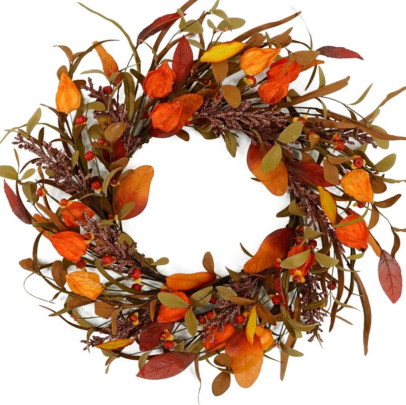 Photo 1 of Artificial Fall Wreath Autumn Door Wreath with Cape Gooseberry Eucalyptus Leaf Magnolia Leaf, Grain Ear, Bitter Sweet Berry for Front Door Indoor Outdoor Farmhouse Home Wall Window Festival Decor