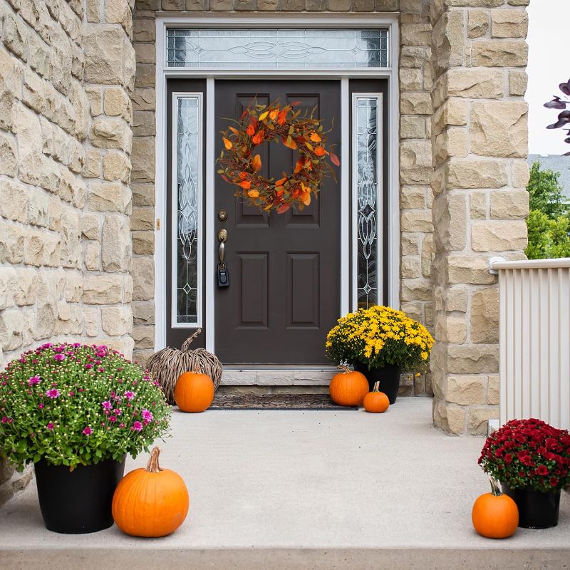 Photo 2 of Artificial Fall Wreath Autumn Door Wreath with Cape Gooseberry Eucalyptus Leaf Magnolia Leaf, Grain Ear, Bitter Sweet Berry for Front Door Indoor Outdoor Farmhouse Home Wall Window Festival Decor