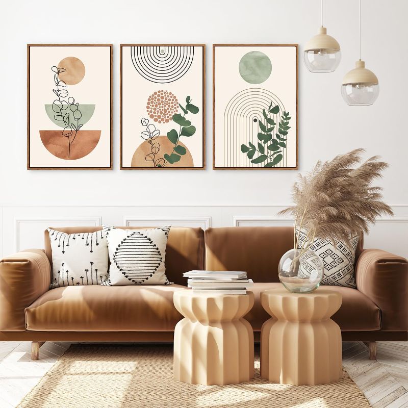 Photo 3 of Boho Terracotta Green Framed Canvas Wall Art Set, Abstract Plant Wall Decor, Mid Century Modern Geometric Wall Painting, Neutral Abstract Art Print to Living Room, Bedroom, Office 36"x24"x3