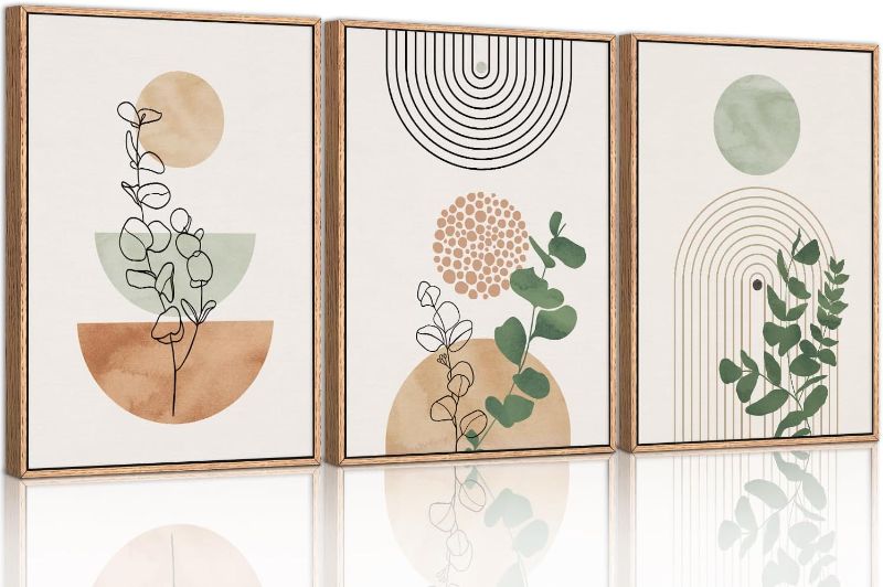 Photo 2 of Boho Terracotta Green Framed Canvas Wall Art Set, Abstract Plant Wall Decor, Mid Century Modern Geometric Wall Painting, Neutral Abstract Art Print to Living Room, Bedroom, Office 36"x24"x3