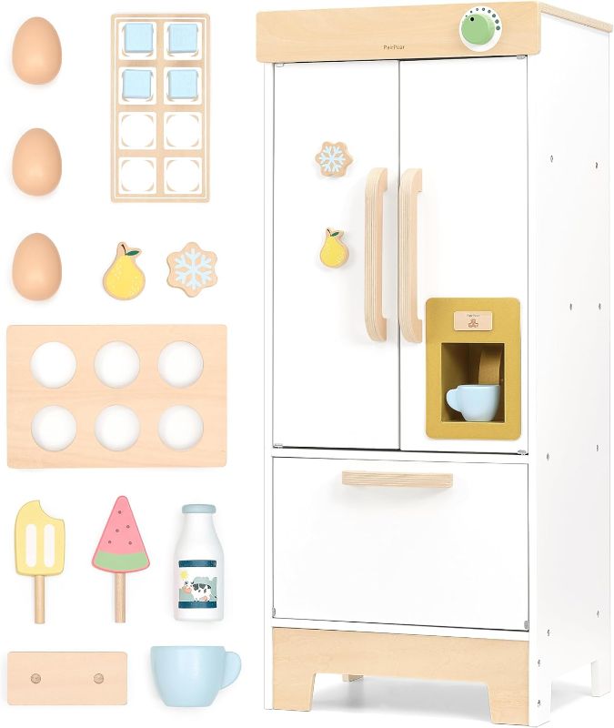 Photo 1 of PairPear Kids Play Kitchen Toy Refrigerator, Wooden Toy Fridge Freezer Set for Kids, Toddler Kitchen Playset with Pretend Play Kitchen Acessories, Play Food Gift for Boys & Girls