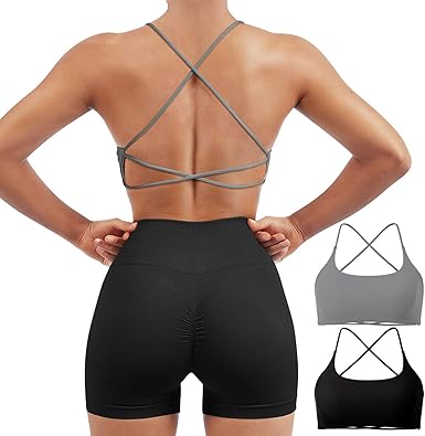 Photo 2 of Medium SUUKSESS Women 2 Piece Open Back Sports Bra Pack Strappy Workout Gym Yoga Crops