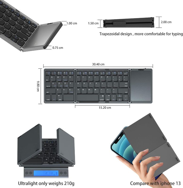 Photo 2 of Foldable Bluetooth Keyboard, Wireless Portable Keyboard with Full-Size Touchpad, Rechargeable Pocket-Sized Folding Travel Keyboard for iOS, Android, Windows Devices -Space Gray