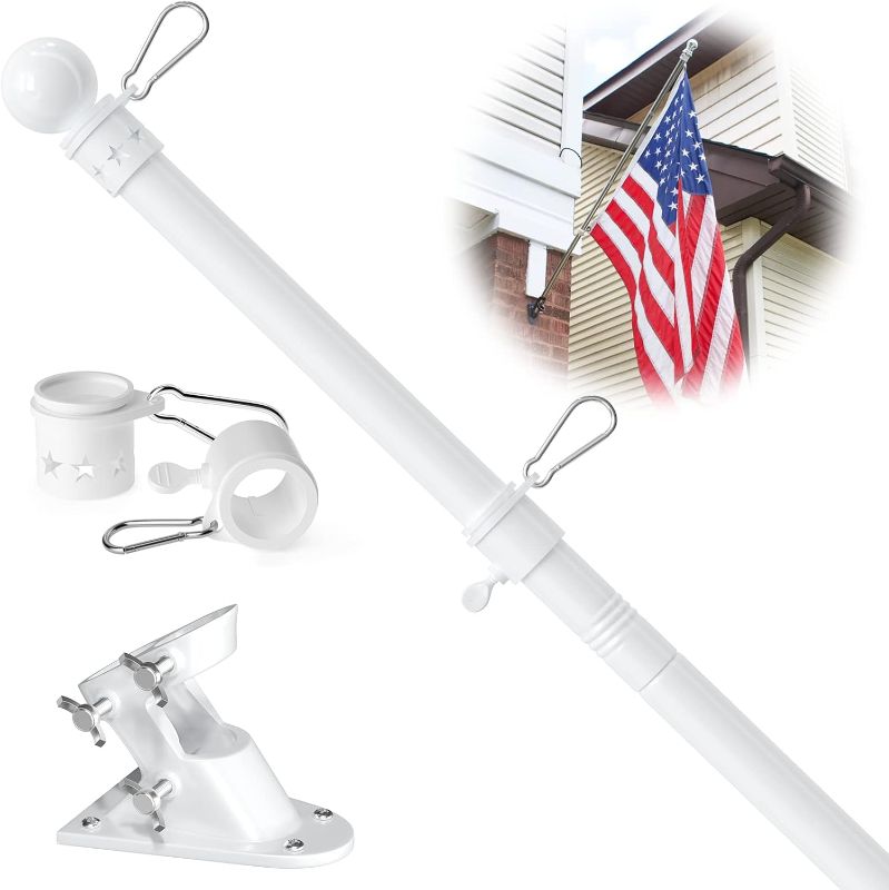 Photo 1 of White Flag Poles for 3x5 Flags Outdoor, Flagpole Kit for Outside House - Heavy Duty 5ft Flagpole and Holder Metal, Mount for Outdoor, Boat, RV, Truck Hitch, 1 inch Diameter, Tangle Free Rings, Flag included