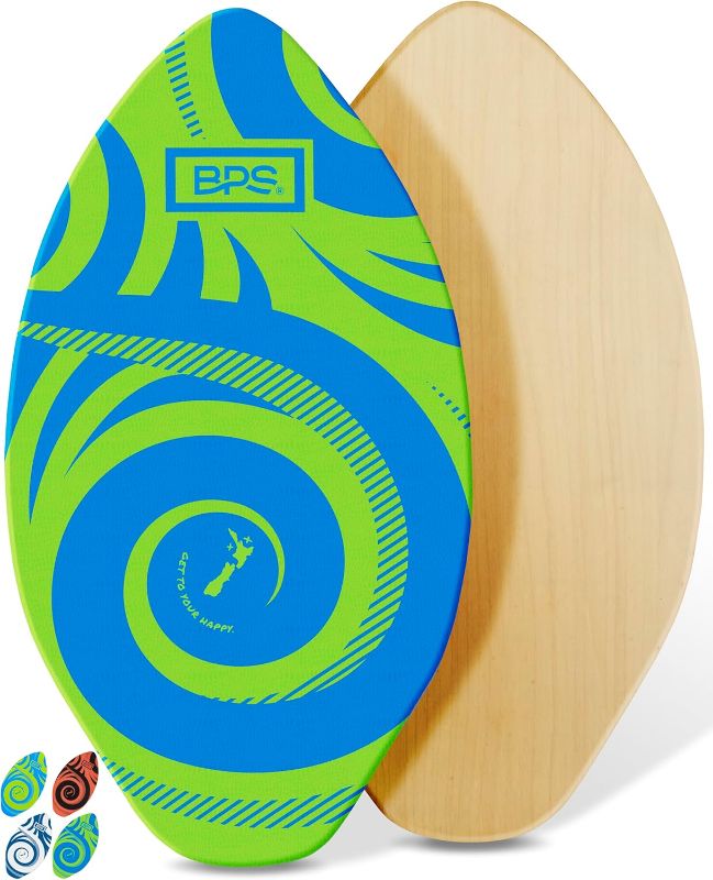 Photo 1 of BPS New Zealand ‘Koru’ Skimboard with Colored EVA Grip Pad and High Gloss Clear Coat Wooden Skim Boards for Kids and Adults | Dark blue & Green