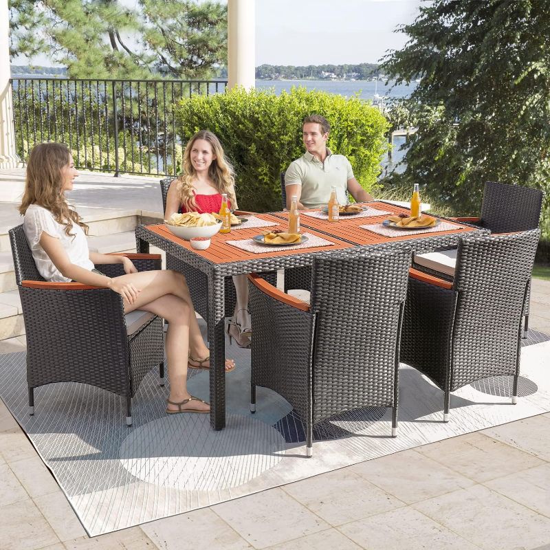 Photo 2 of Flamaker 7 Piece Patio Dining Set Outdoor Acacia Wood Table and Chairs with Soft Cushions Wicker Patio Furniture for Deck, Backyard, Garden